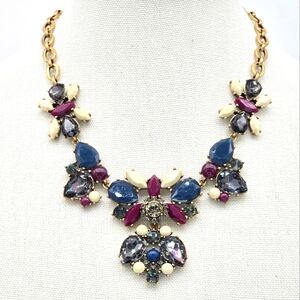 J. Crew Matte Gold Chain Blue Rhinestone Dangle Cluster Bib Necklace Stunning!